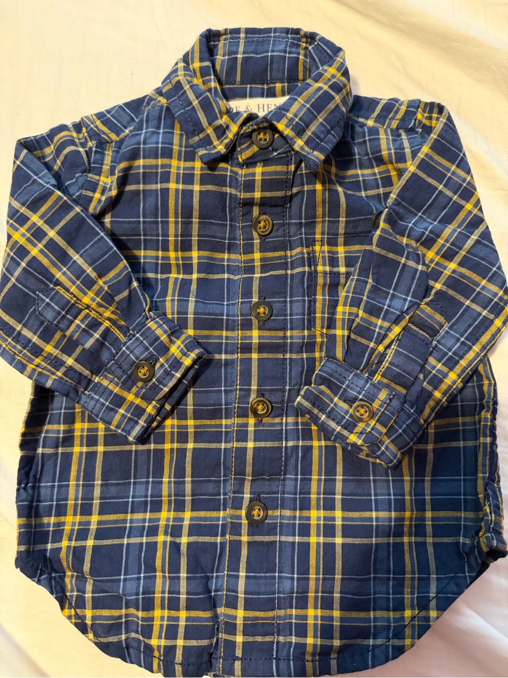 Hope & Henry Baby Boy Navy & Yellow Plaid Button-Up Shirt 6 months